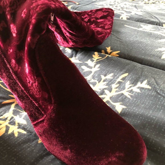 Burgundy Over The Knee Velvet Boots - Picture 2 of 7